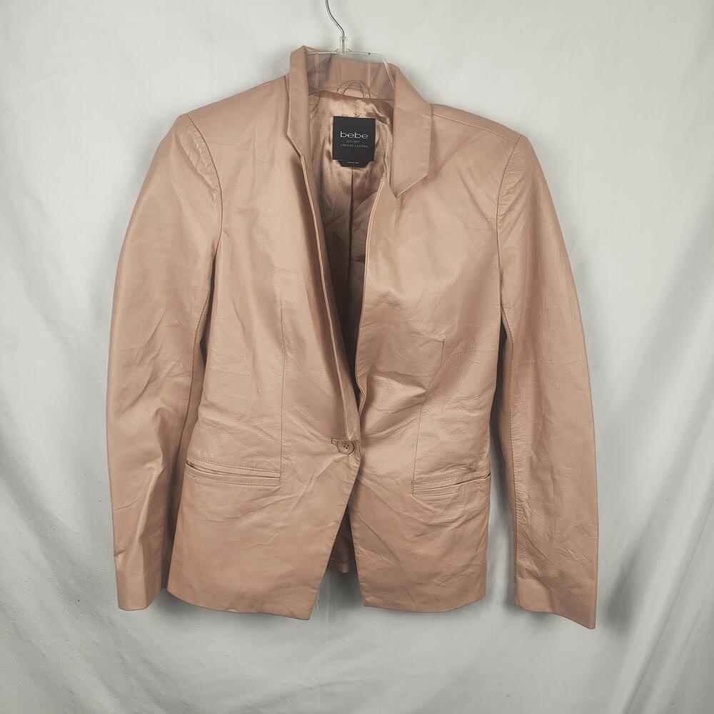 Bebe Blazer Womens Small Beige Genuine Leather Jacket Single Button Lined